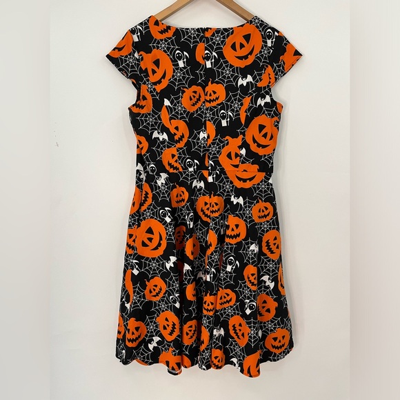 Modcloth XXL Halloween spiderweb pumpkin dress fit 0340 flare black orange plus - Picture 5 of 10